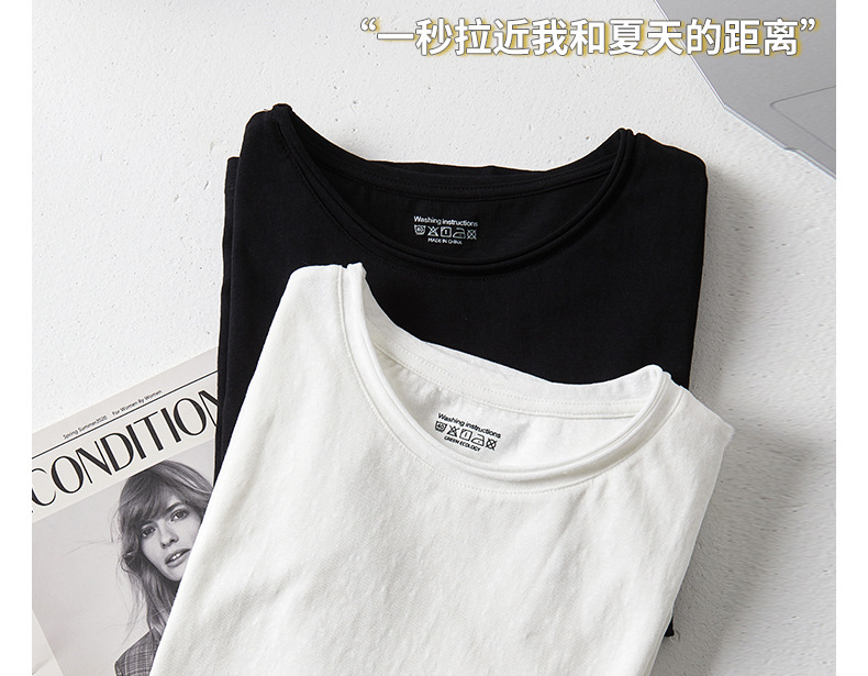 A new Korean-style small round neck, high-end design, off-the-shoulder short-sleeved T-shirt for women, versatile, loose snowflake cotton, slimming top pic 10