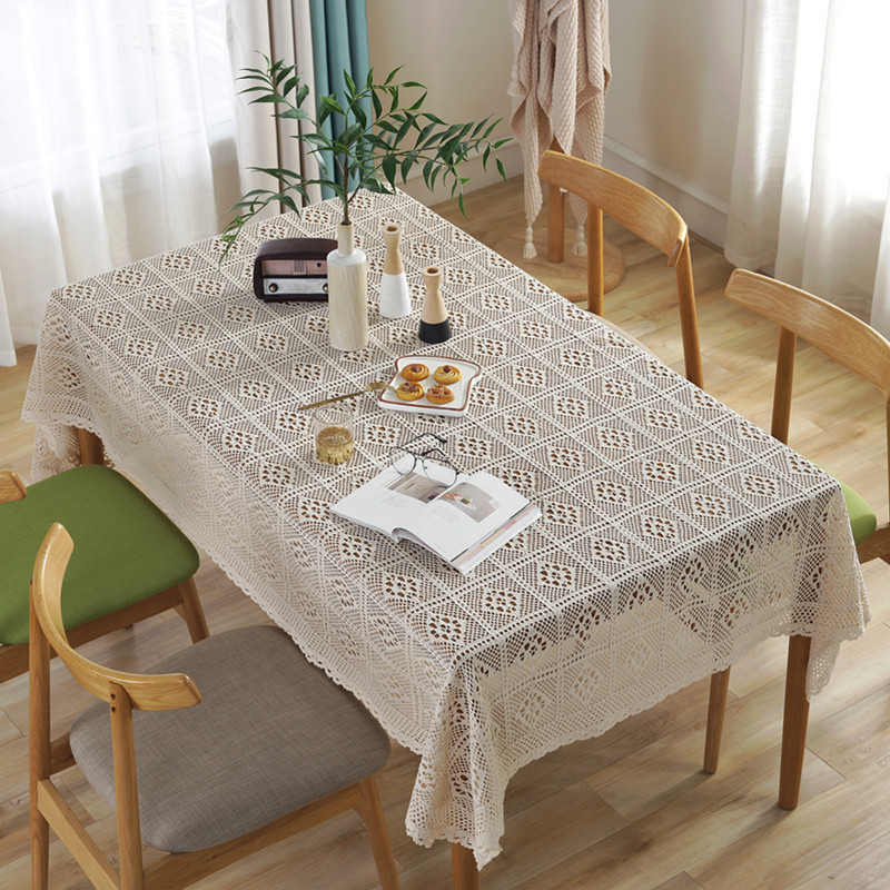 American country-style handcrafted crochet tassel tablecloth with geometric rhombus-shaped hollowed-out decorative fabric as a shooting prop pic 32