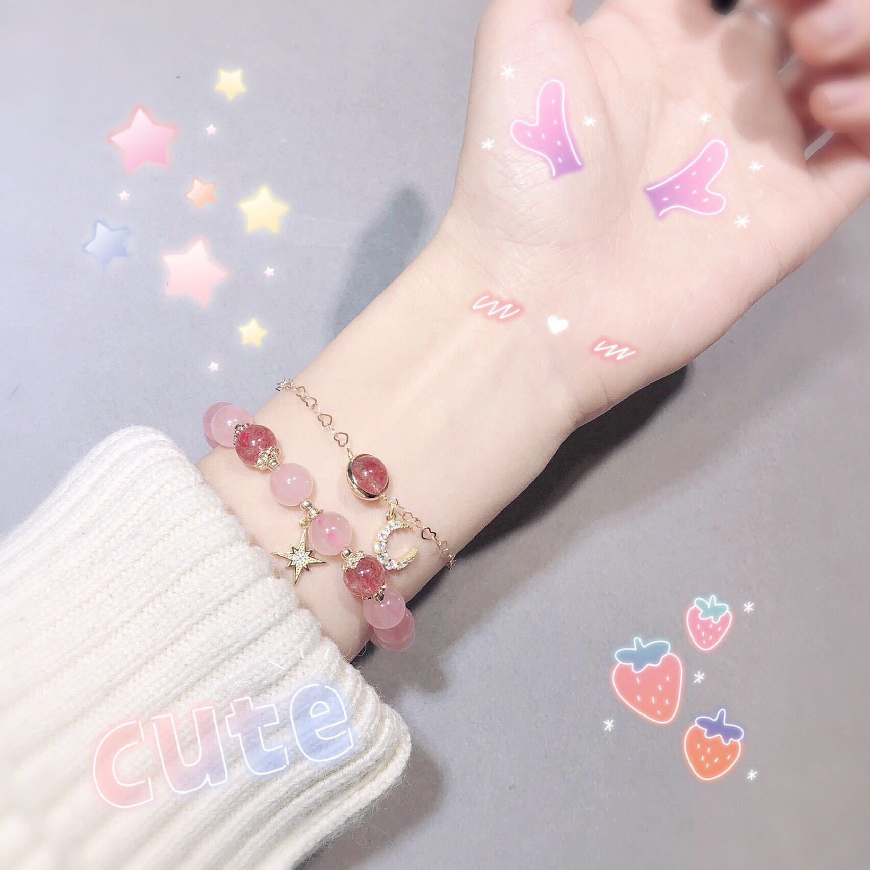 巴度草莓晶粉晶转气运星月手链女招桃花七夕情人节礼物闺蜜生日礼物详情9