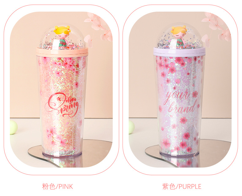 Portable water cup, internet-famous sequined double-layer summer drinking plastic ice cup, cute girl, cartoon cute double-layer for going out pic 7
