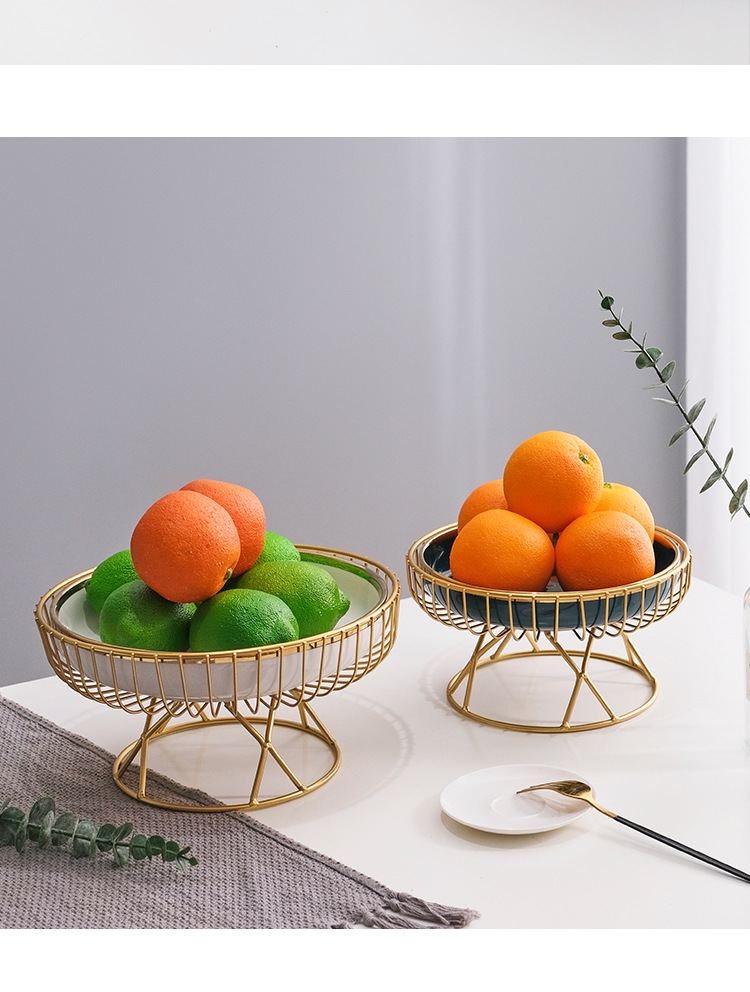 铁艺创意玻璃水果盘家用客厅茶几收纳糖果零食装饰品轻奢陶瓷果篮详情9