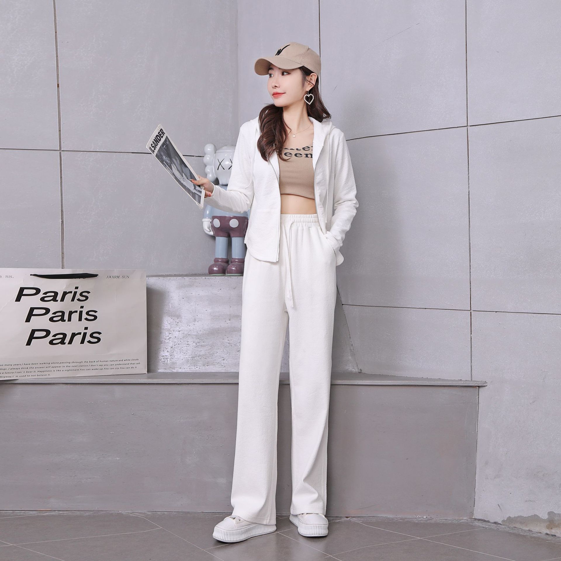 Early spring pure cotton fashionable casual set for women, loose, sporty and slimming straight-leg high-waisted wide-leg pants, zipper hooded jacket pic 22