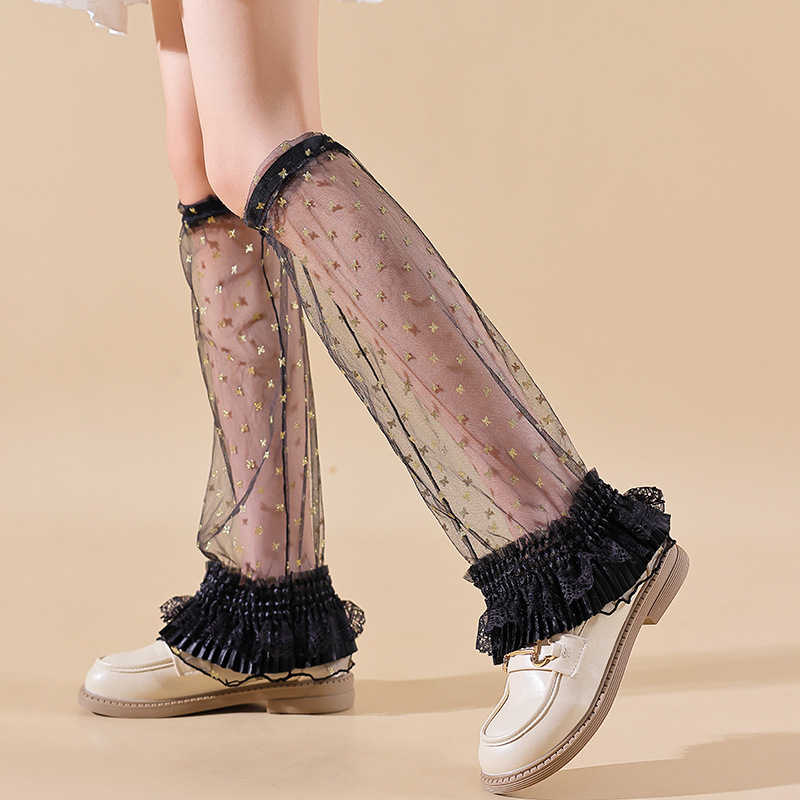 A Japanese-style sweet and cool girl summer thin transparent black lace mosquito-proof wide-leg sock with a sexy golden rose pic 4