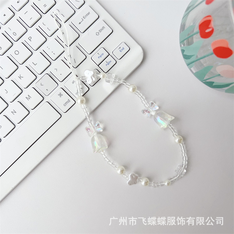 新款仙女风手机挂绳亚克力珍珠串珠蝴蝶结配饰甜美短款链防丢防摔详情2
