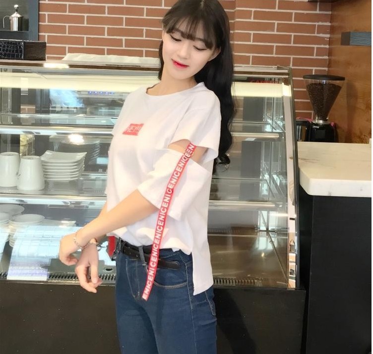 Loose and slimming woven strap letter-printed perforated T-shirt for women, versatile top HEY mid-sleeve pic 4