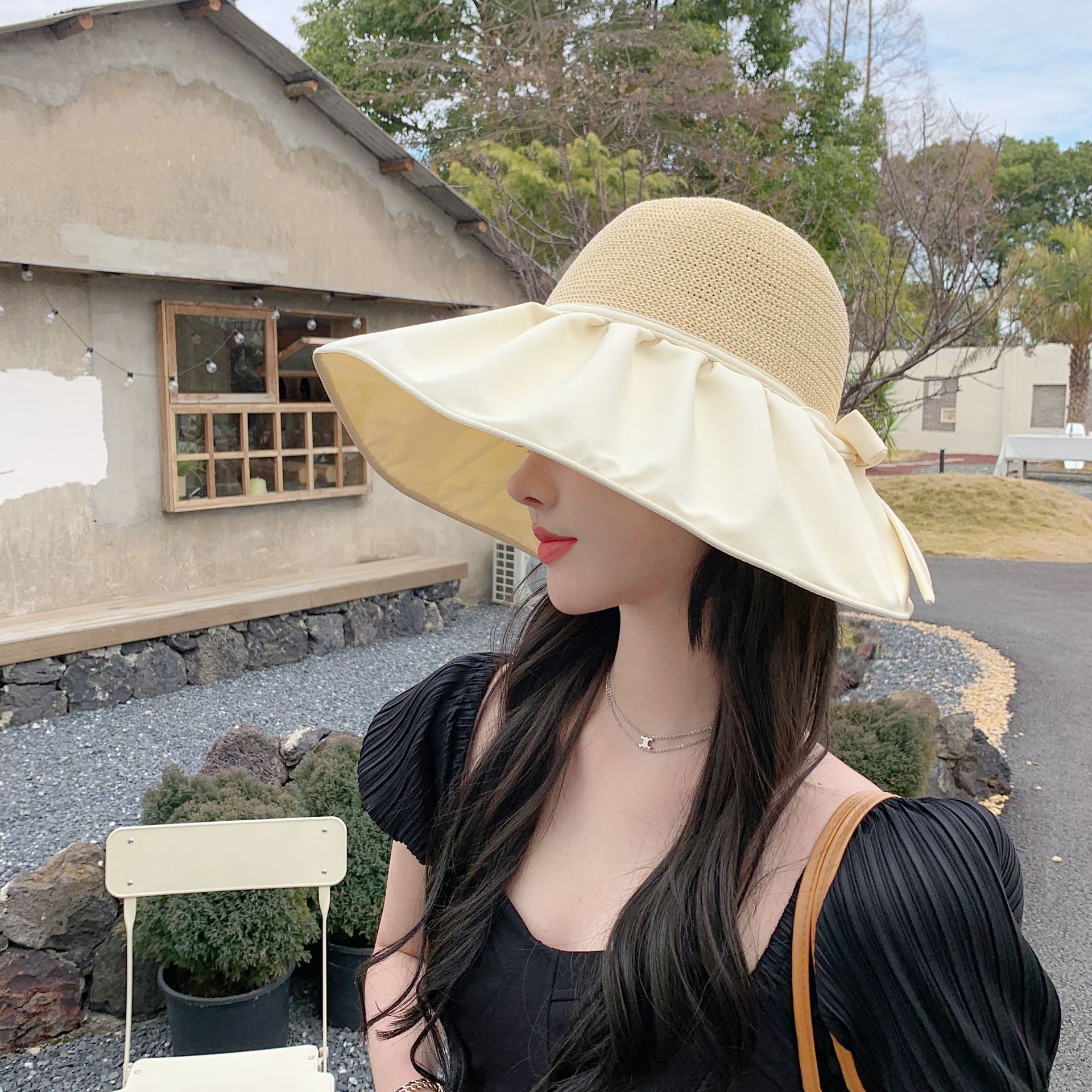 Summer black rubber wide-brimmed hat, perforated, breathable, UV-resistant, outdoor travel, beach sunshade and sun protection hat pic 2