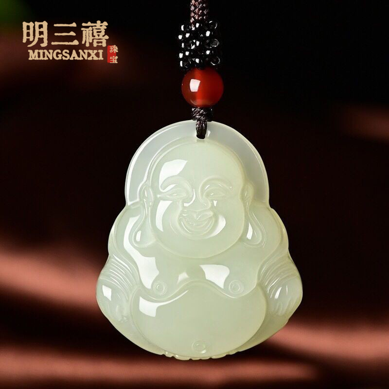 Natural Afghan jade Guanyin and Buddha couple white jade Guanyin necklace, Laughing Buddha jade imitation Hetian jade pendant pic 3