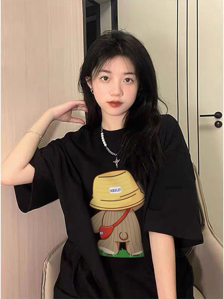 代发2024夏季新款230克圆领印花宽松纯棉短袖t恤女百搭舒适打底衫详情5