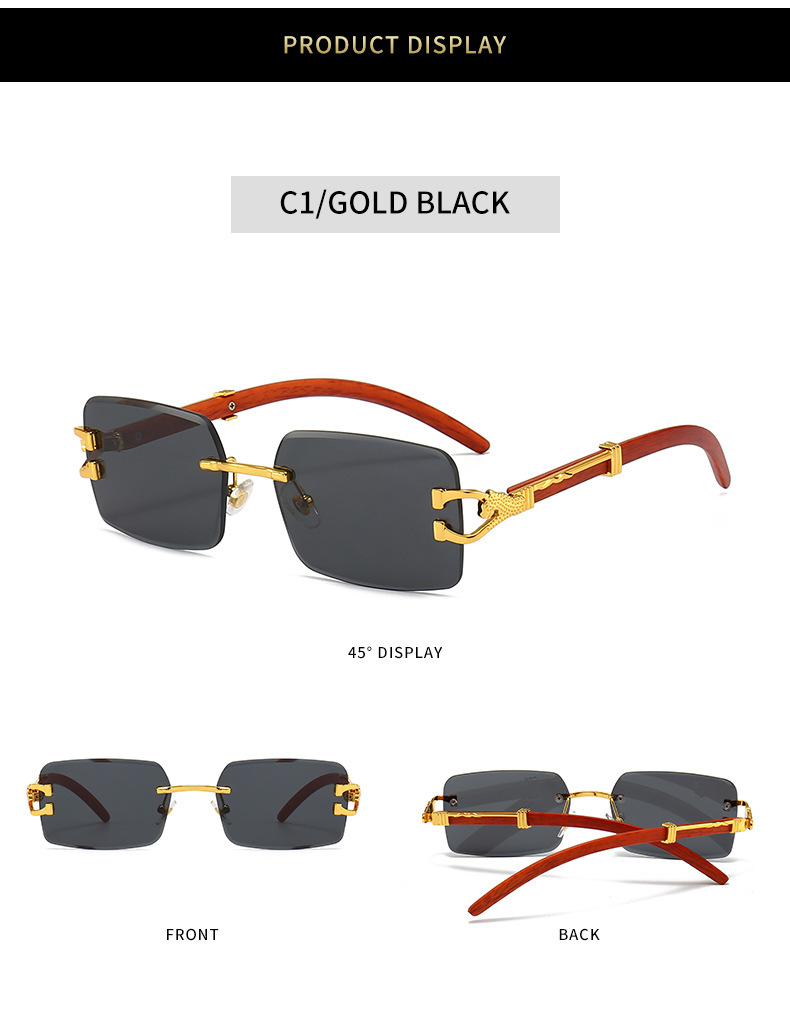 新款时尚无框太阳镜男款个性豹子木纹镜腿方框墨镜女潮跨境批发详情6