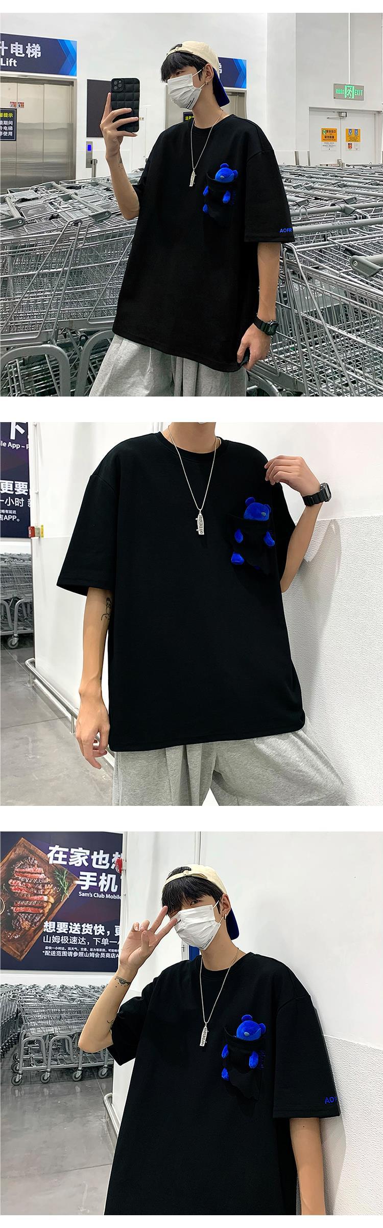 同款夏季设计感口袋小熊短袖上衣服男韩版ulzzang潮牌高街圆领五详情3