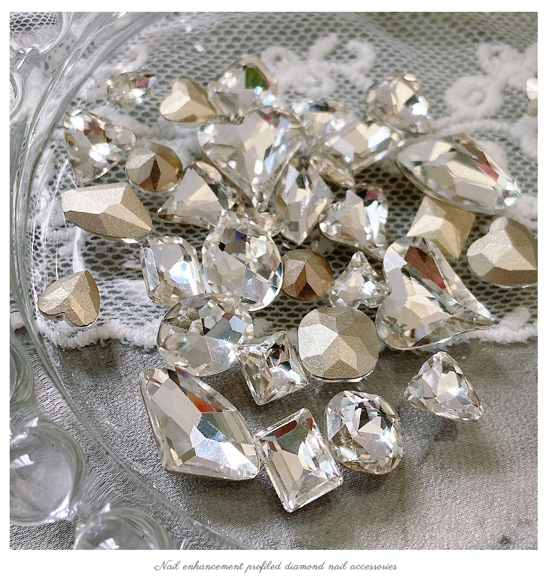 Wholesale nail accessories: transparent pointed bottom diamond, super shiny, large crooked heart, axe, water drop, fat square butterfly, white diamond nail accessories pic 6