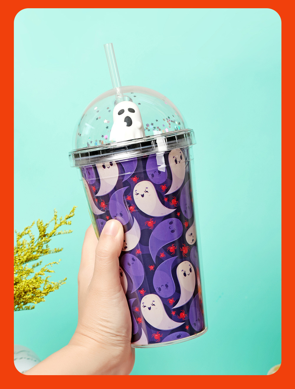 30013 450ml Halloween Micro-Landscape Cartoon Sequin Water Cup Double-layer Plastic Straw Cup Summer Ice Cup pic 20