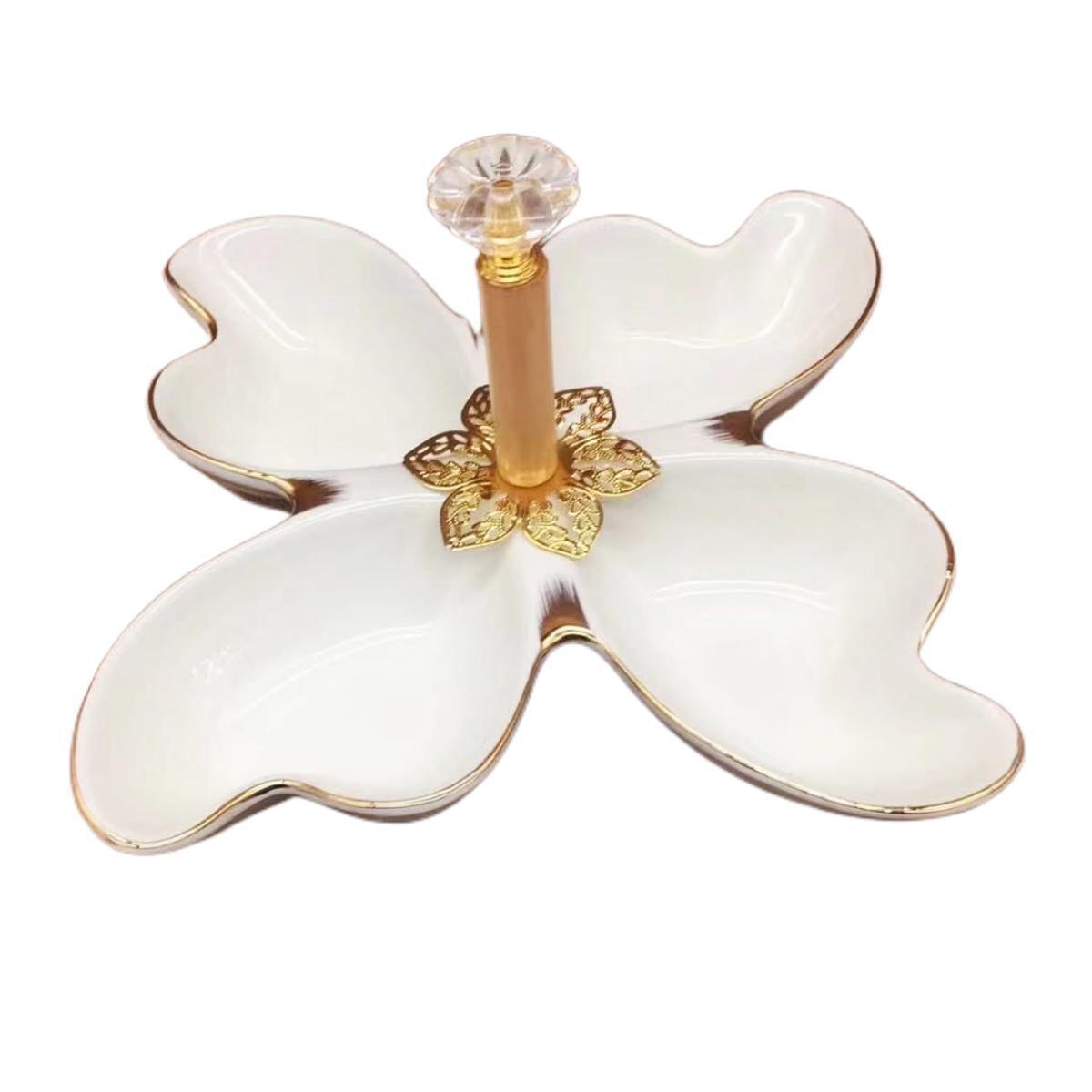 A pure white petal-shaped fruit platter with electroplated gold and multiple compartments, a hand-held restaurant banquet food platter pic 11