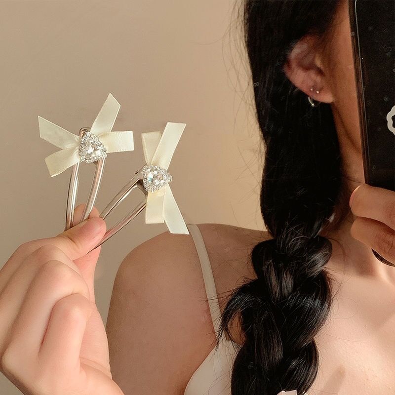 y2k Girl Heart Heart water Diamond pink bow hair clip, female bangs side hair clip, sweet duckbill hair accessory pic 4