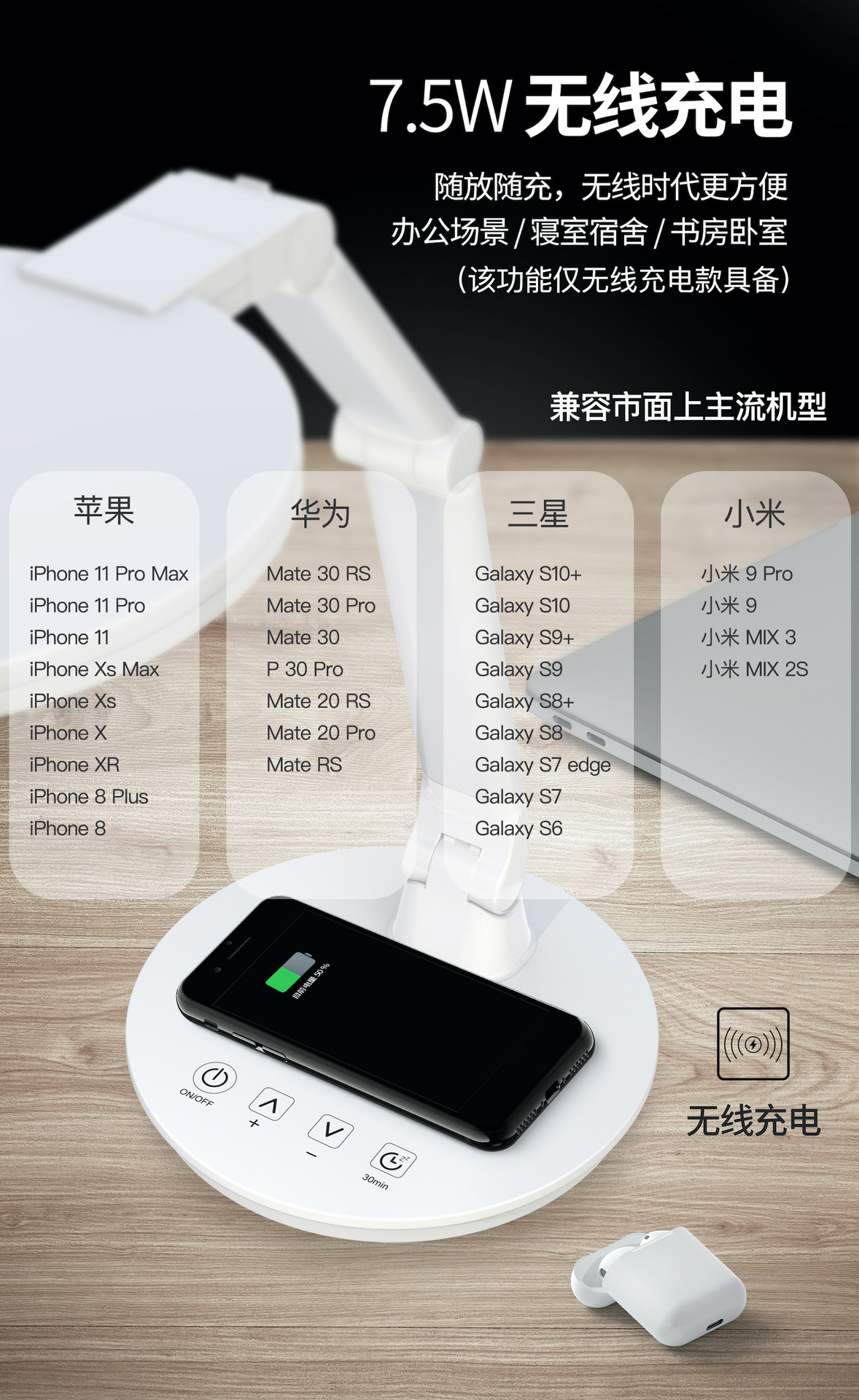 国AA级全光谱LED护眼台灯 手机无线充电 大学生宿舍阅读学习详情7