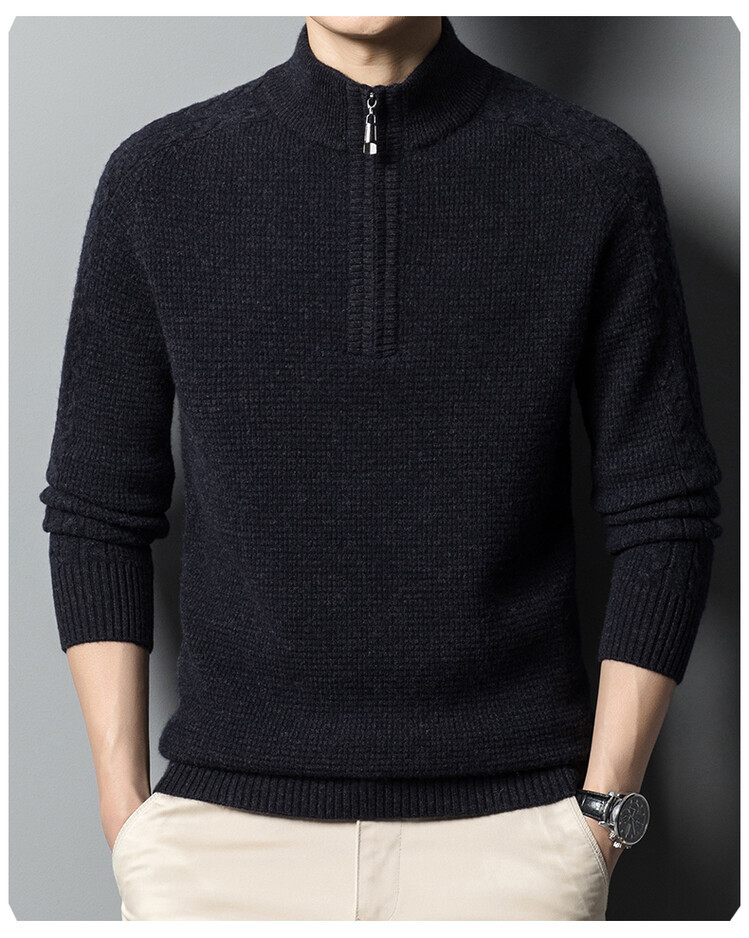 New autumn and winter 100% pure wool sweater for men, thickened semi-high neck zipper wool pullover business knitted sweater pic 15