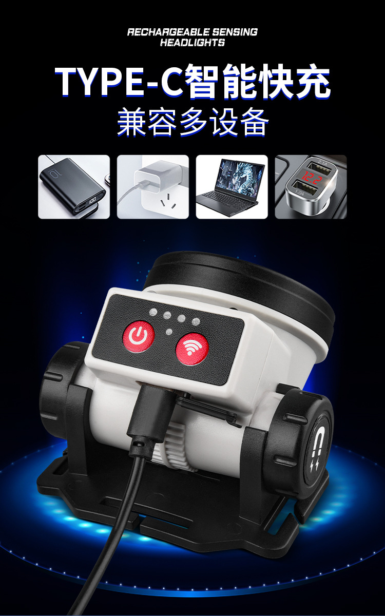 跨境智能感应头灯led户外强光usb充电轻便工作电筒夜钓跑步cob灯详情9