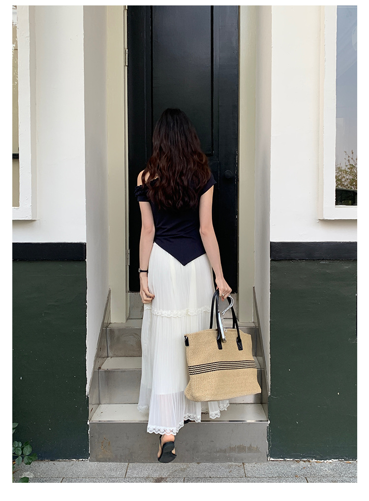 爱西里2025夏季减龄甜美拼木耳花边斜肩下摆不规则短袖T恤女13835详情12