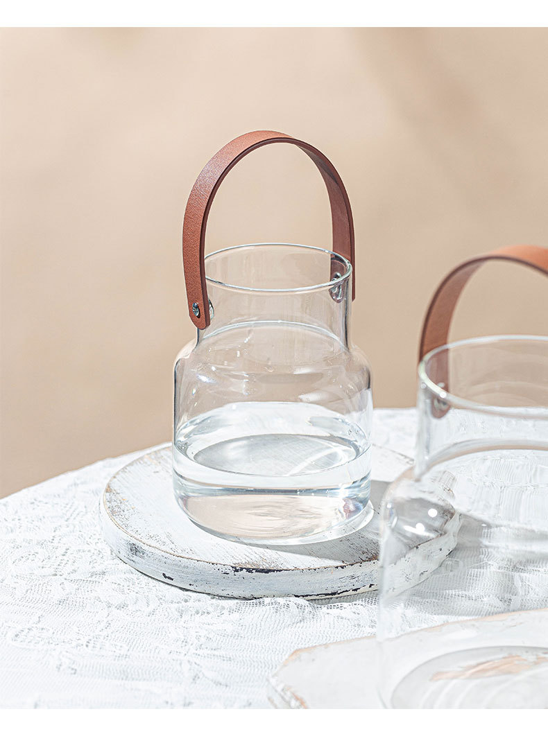 ins风皮革手提玻璃花瓶简约花器家居装饰品收纳摆件烛台水培花瓶详情13