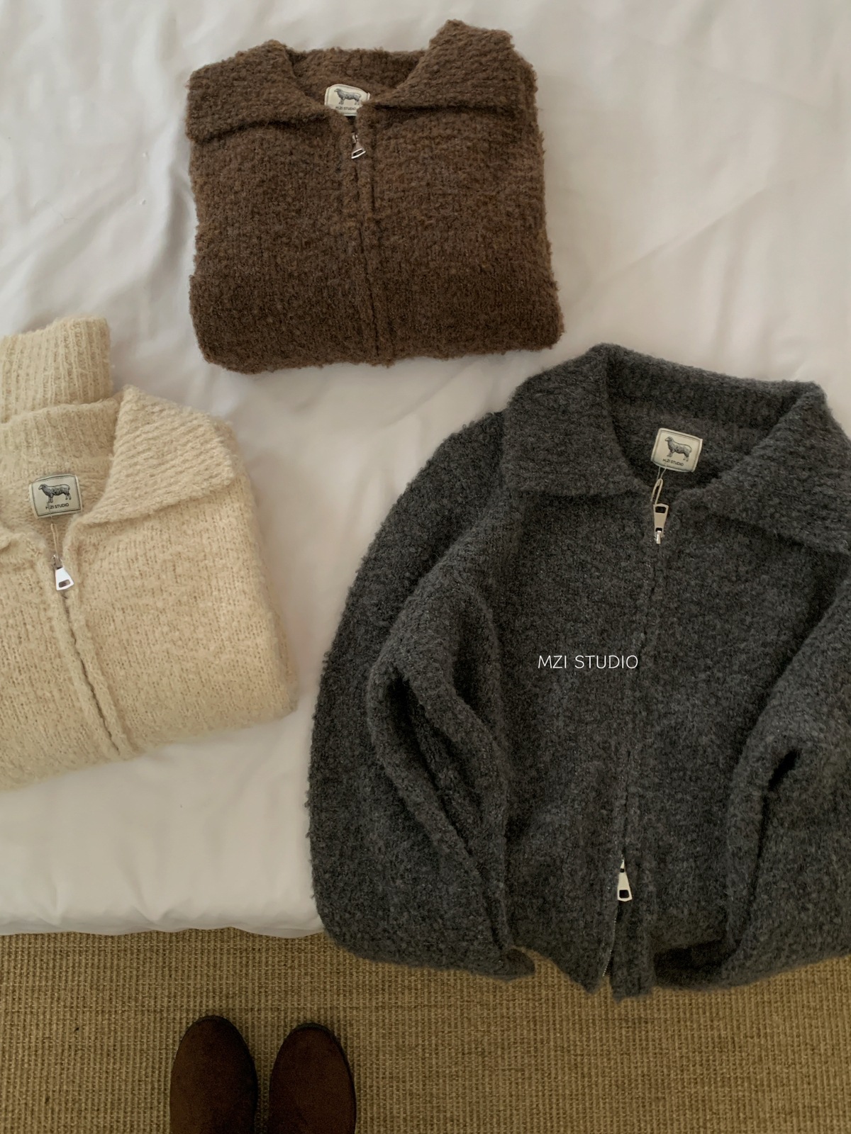 M.ZI秋冬韩系减龄羊毛混纺针织开衫慵懒风休闲宽松拉链毛衣外套女详情22