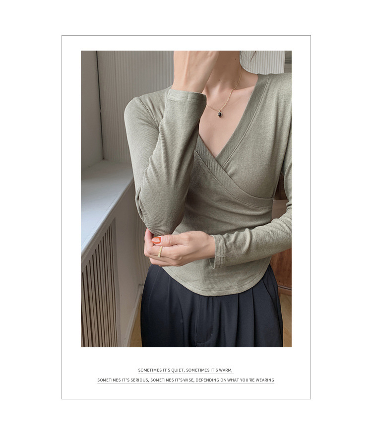 A new French cross-V-neck top for women, featuring a versatile Korean long-sleeved T-shirt with a unique design sense pic 17