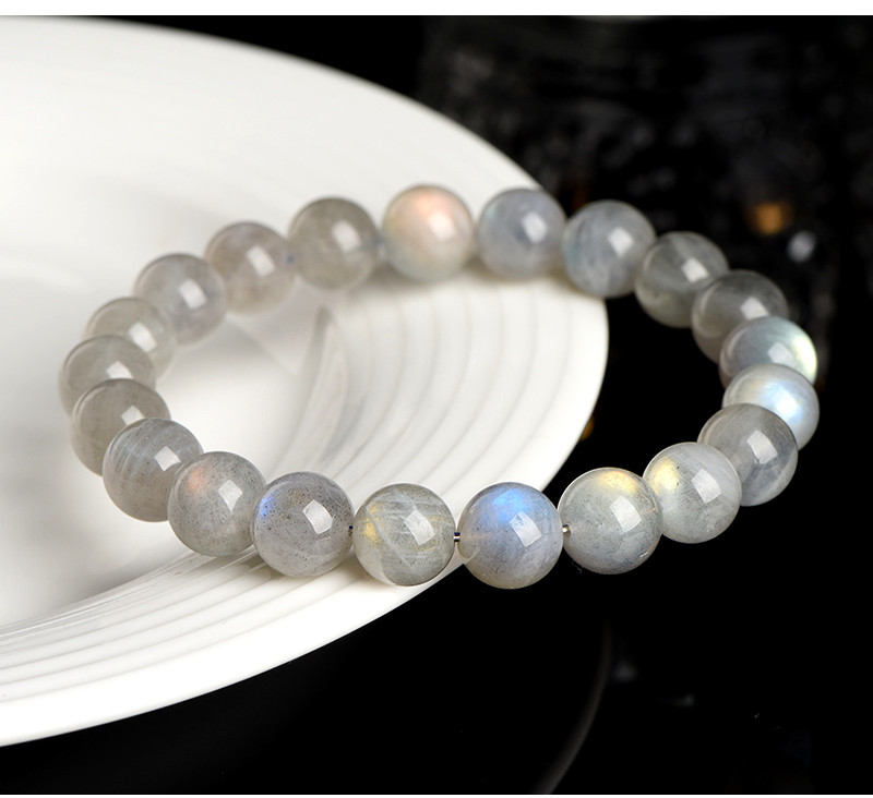 Jiuya Crystal Natural Moonstone Loose Bead Bracelet, Pure Body Color Light Gray Moonlight Elongated Stone Round Bead Bracelet pic 21