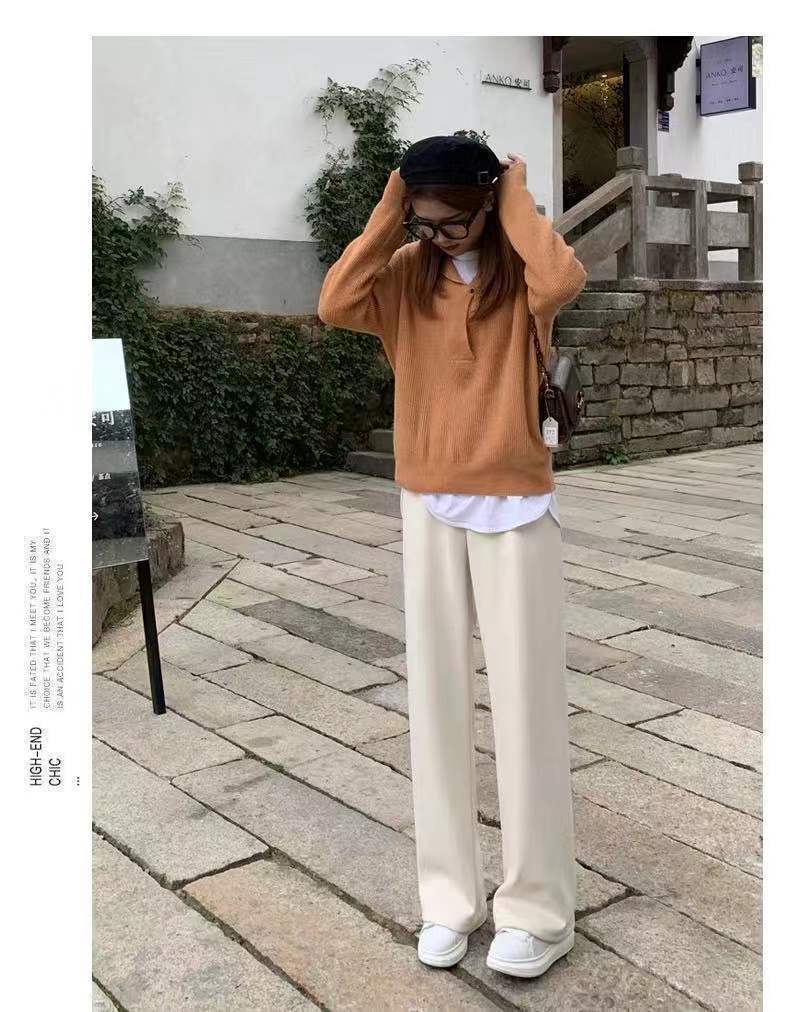 Otoño invierno 2022 pantalón de pierna ancha mujer casual holgada cintura alta con sensación de caída pantalón mop con fleece y espesor negro apricot pantalones rectos mujer pic 12