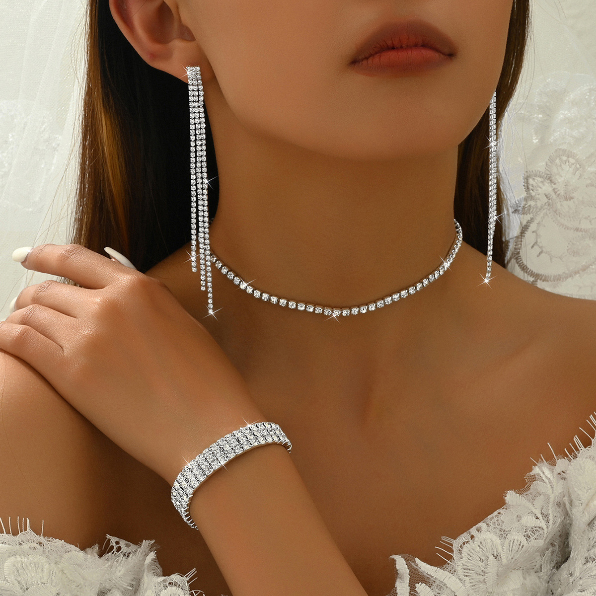 Classic, fashionable and trendy accessories: Wheat ear fashion, creative diamond-encrusted necklace, earrings, two sets of fashionable wedding accessories for women pic 2