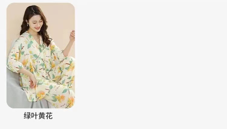 春夏新款棉绸睡衣套装女士七分袖大码宽松空调服家居服两件套详情7