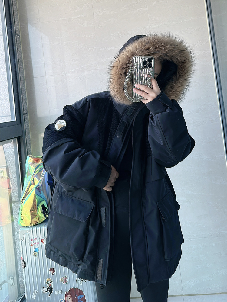 High-quality American retro outdoor workwear for couples, thickened white duck down, detachable genuine fur collar Parker down jacket pic 3