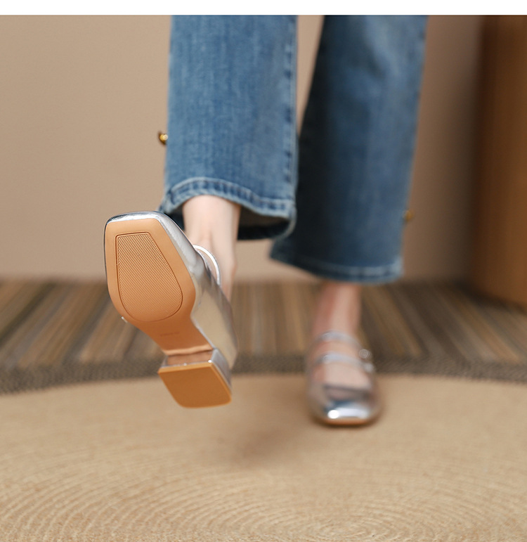 The new 2024 Spring/autumn collection of Mary Jane shoes, featuring a stylish square-toed one-shoulder style, is made of genuine leather with a shallow opening, thick mid-heel, and is a wedding shoe pic 22