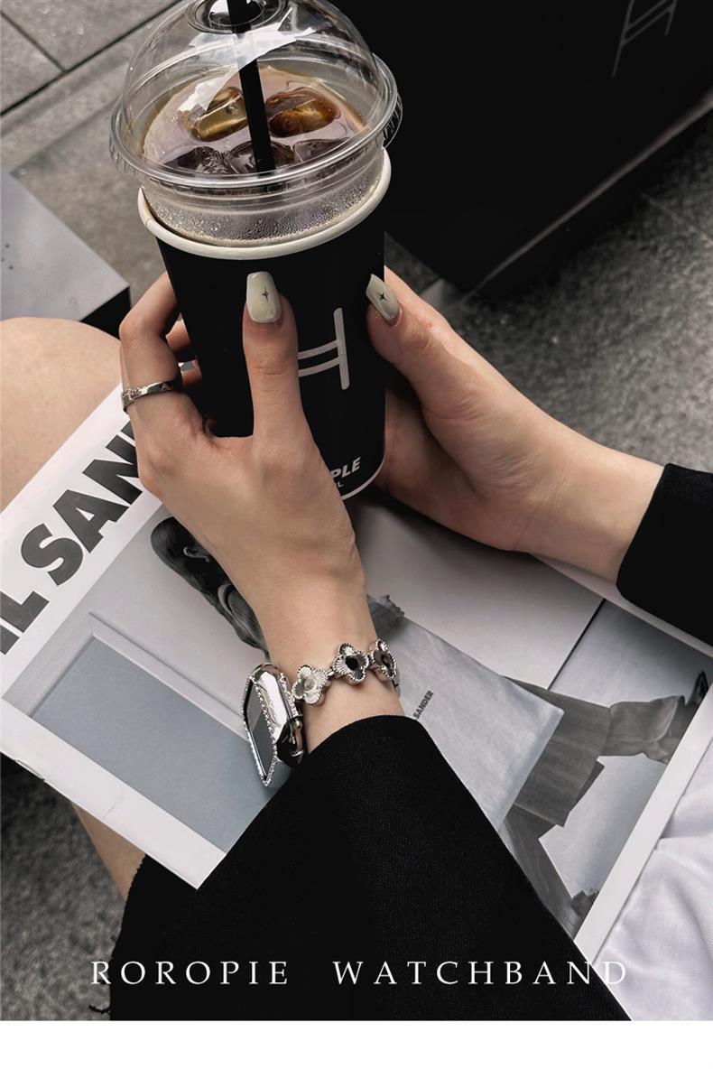 适用苹果apple watch表带Ultra2金属四叶草贝母iwtch小众s9手表链详情9