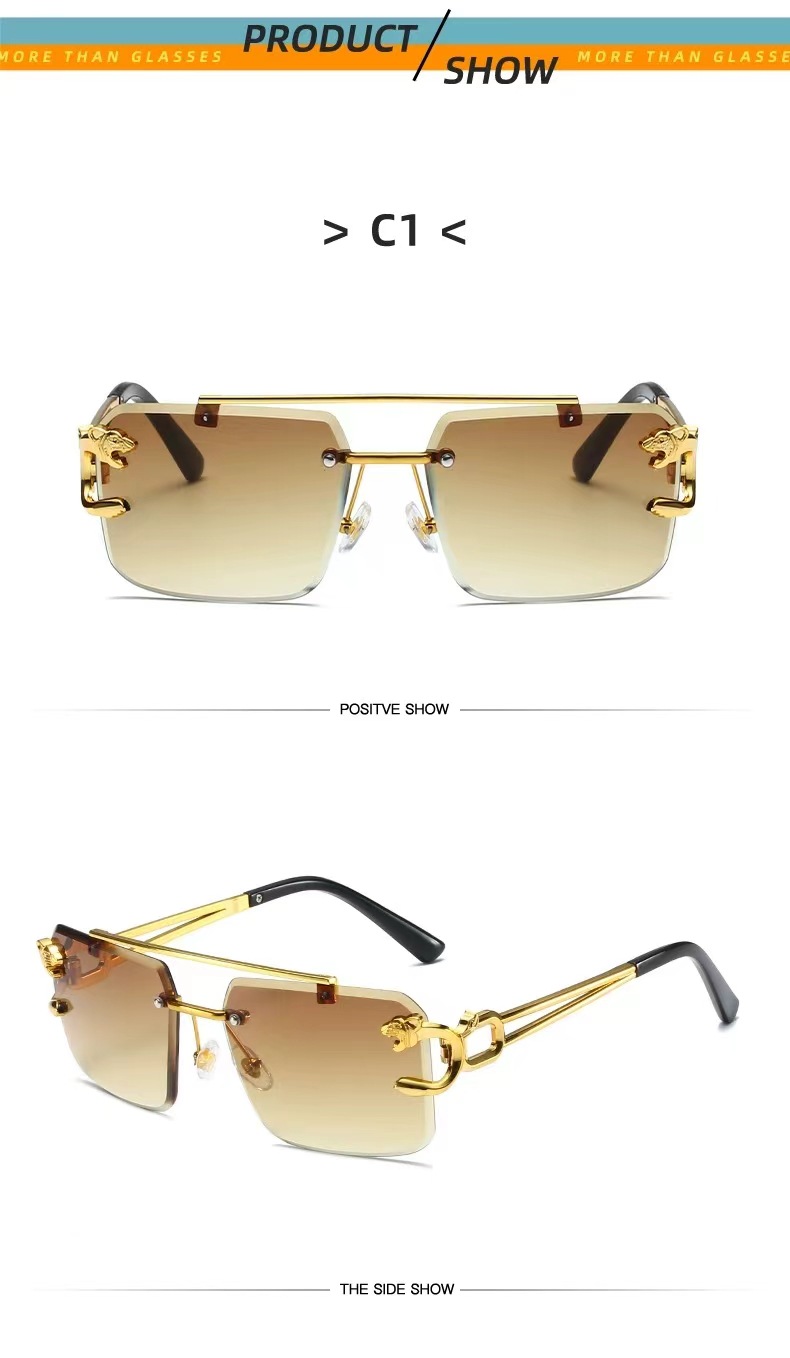 Crossover sin marco gafas de sol cabeza de leopardo moda corte de borde gafas de sol hombre temperamento mujer tendencia europea y americana influencers street raqueta gafas pic 5