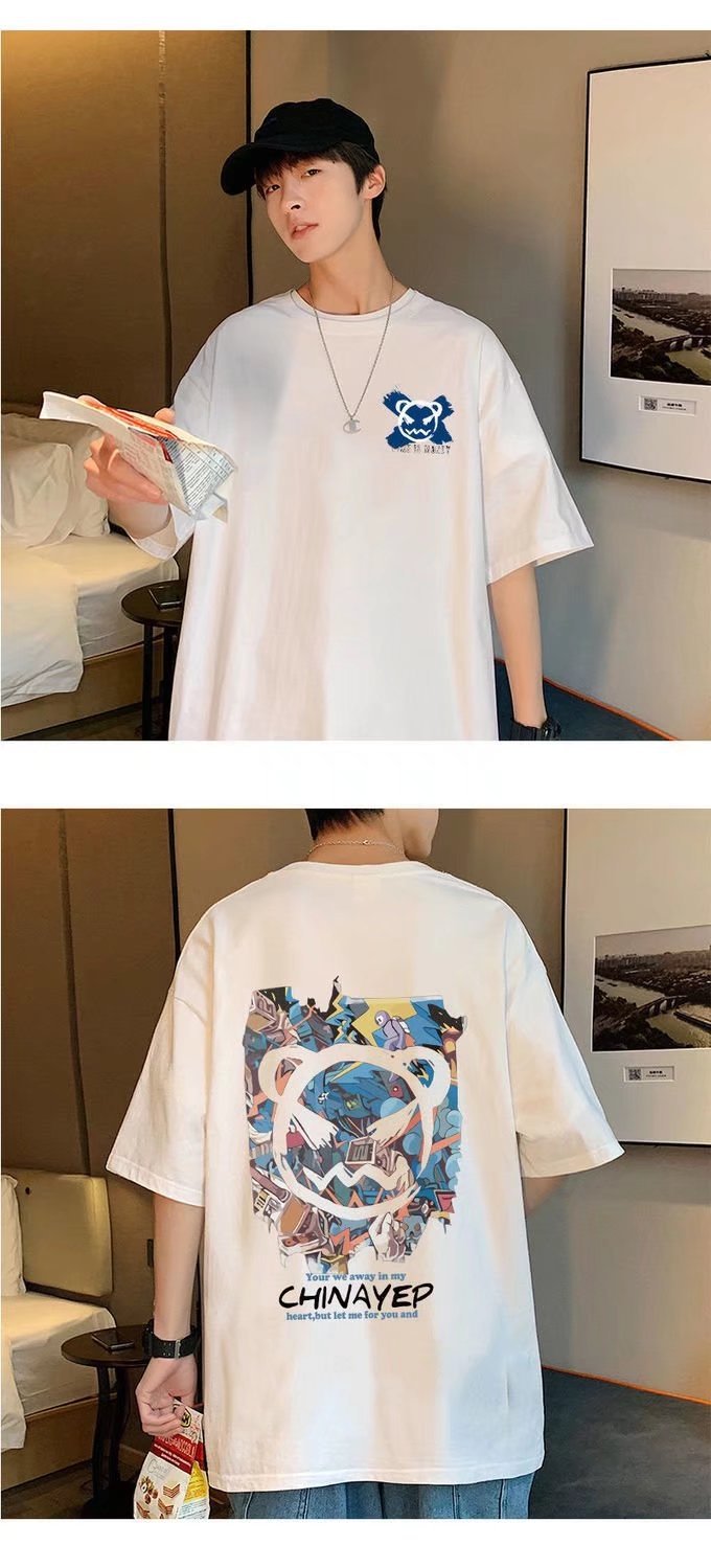 Summer Hong Kong-style devil graffiti short-sleeved T-shirt for men, ins trend loose couple half-sleeved T-shirt for casual wear, thin clothes pic 5