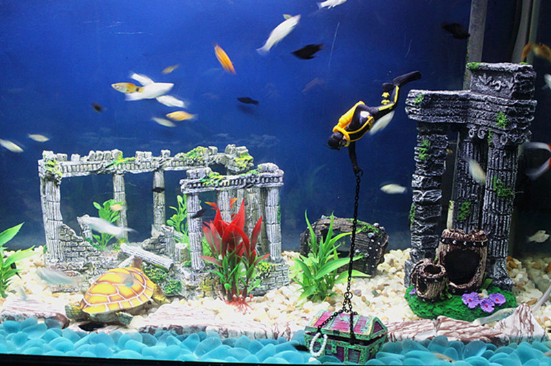 Fish tank pneumatic decoration treasure hunt Frogman aquarium pneumatic decorative landscape display diver treasure chest pic 27
