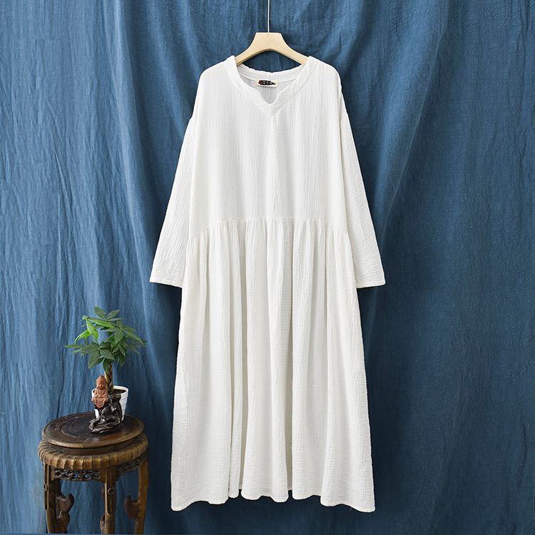 Spring and summer V-neck textured natural linen loose robe, double-layer large hem elegant long dress, retro fairy dress pic 3