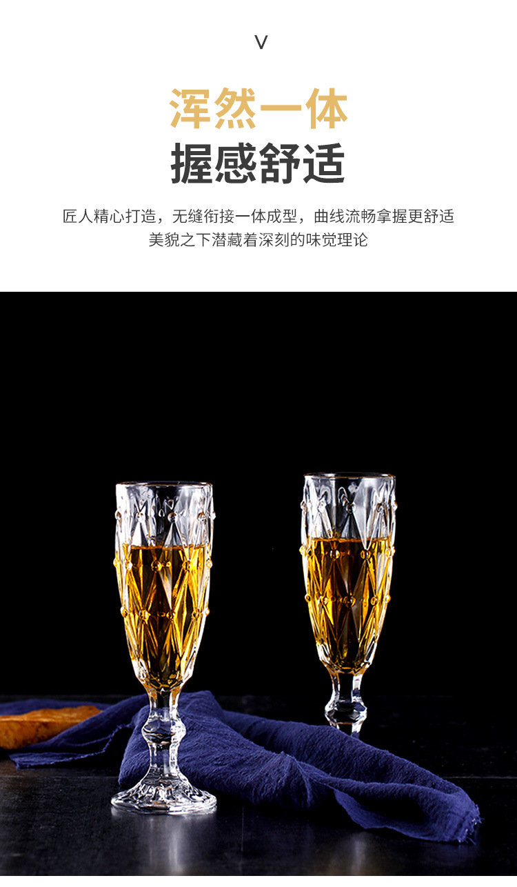 厂家批发透明玻璃果汁杯 机压印花加厚复古菱形花纹红酒香槟杯详情10