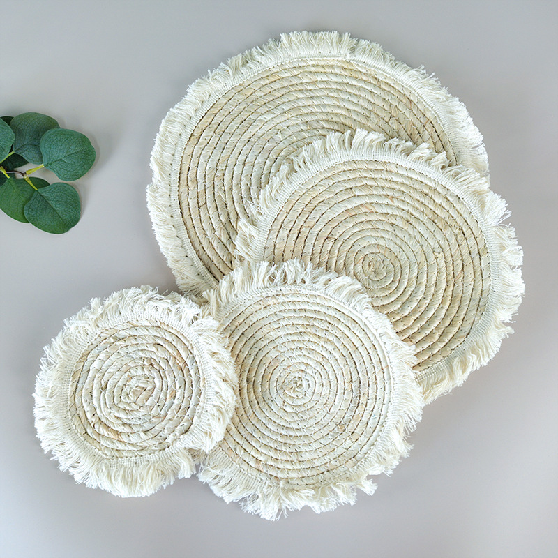 创意家居草编餐垫玉米皮绳编织圆形餐桌垫流苏边装饰垫加厚隔热垫详情8