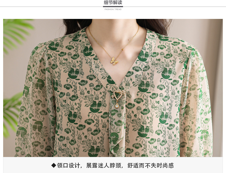 中袖夏季碎花宽松新款女士宽松雪纺衫V领衬衫套头清凉时尚大方详情13