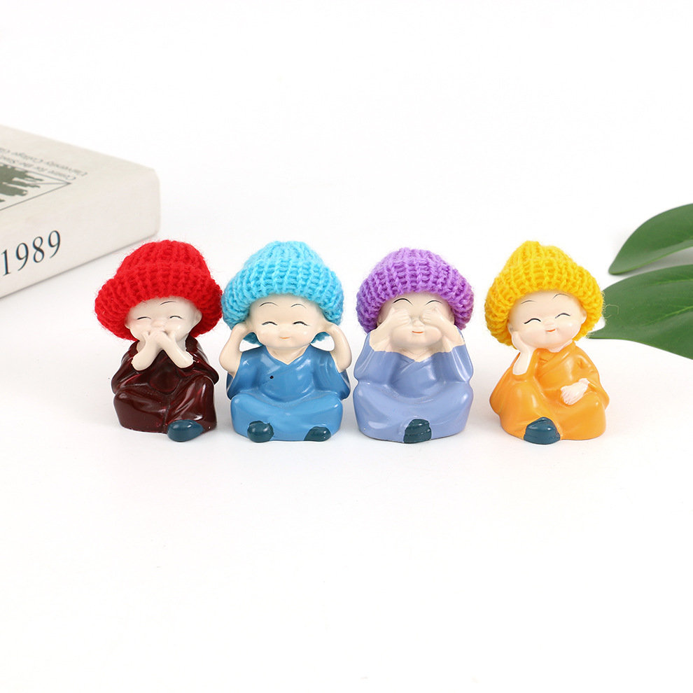 四不小和尚树脂工艺品萌趣可爱毛线帽戴帽和尚汽车摆件盆栽装饰品详情2
