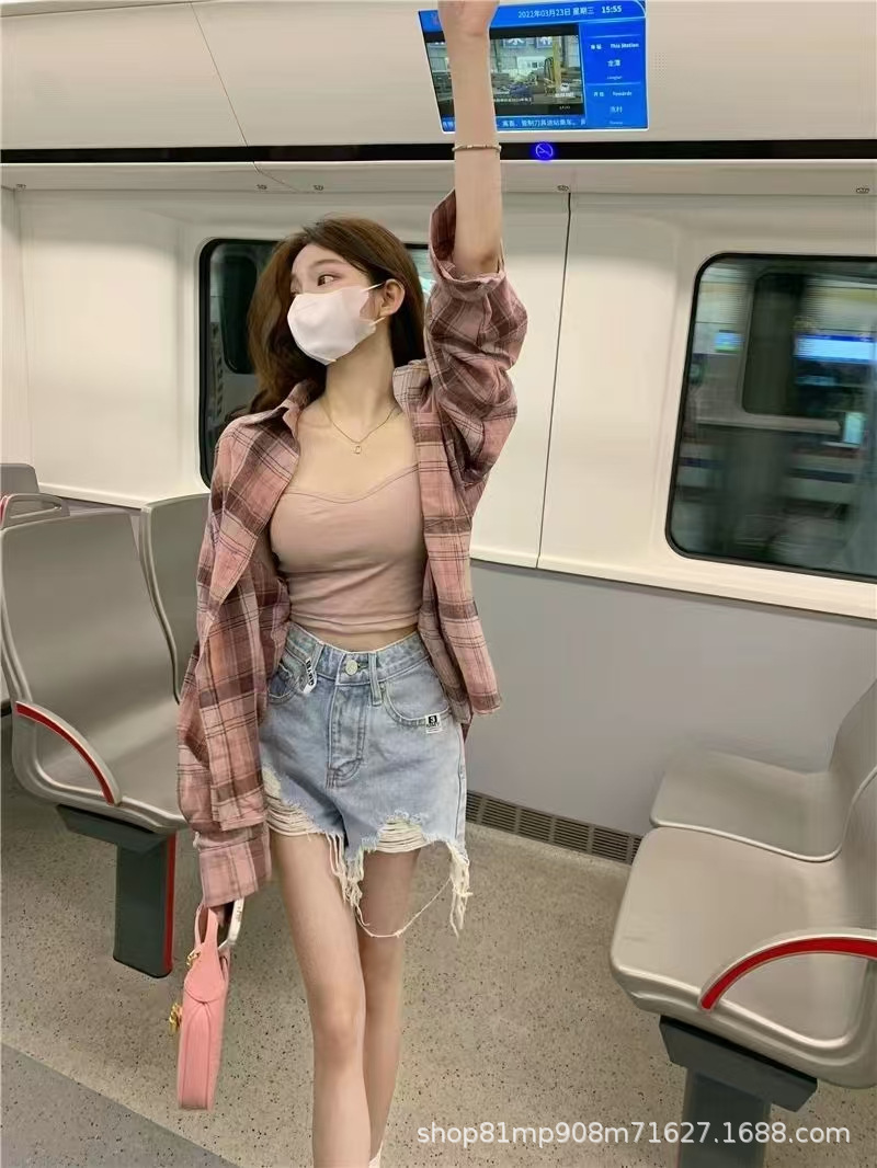 美式复古法式粉色格子衬衫女春夏2025新款设计感宽松内搭外套上衣详情4