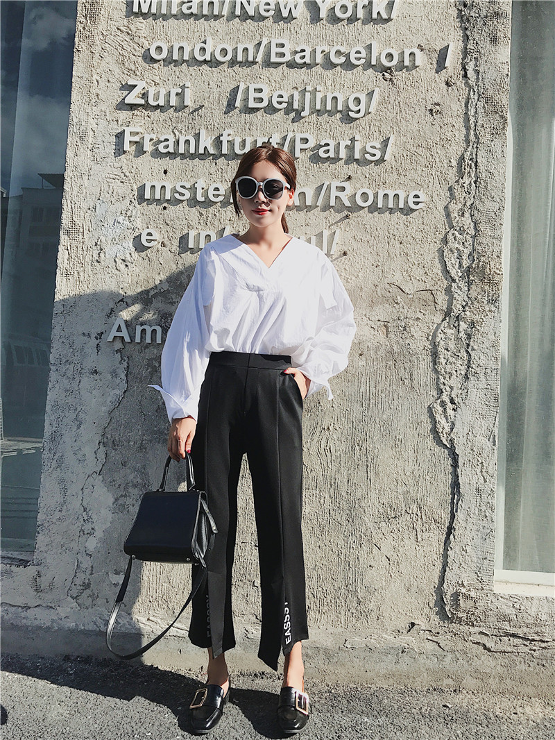 High-waisted, letter-printed black, slightly flared, fashionable, slit straight 9-inch casual pants pic 10