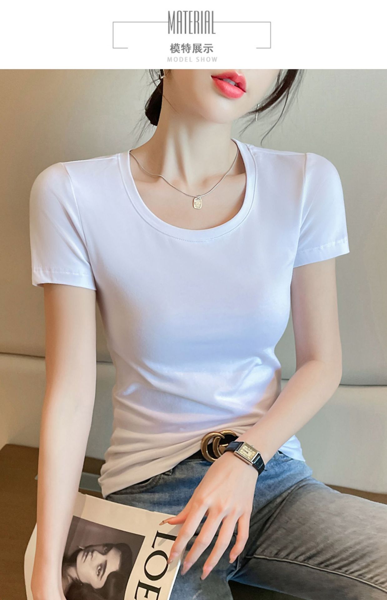 纯棉白色修身v领短袖t恤女2023夏季新款甜辣风显瘦内搭鸡心领上衣详情9