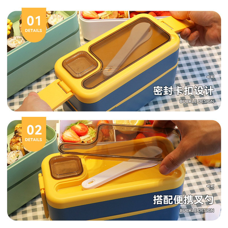 轻食沙拉餐盒跨境饭盒密封创意时尚便当盒带酱料盒配餐具双层分格详情8