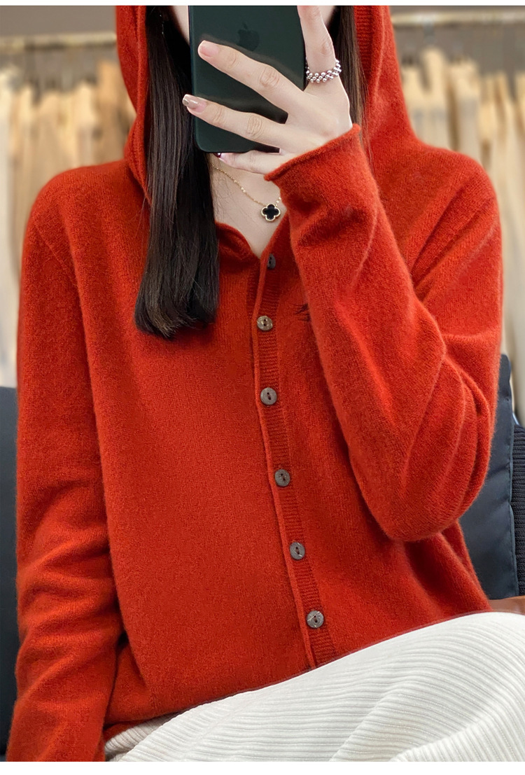 女士连帽100羊毛衫开衫百搭秋冬新款纯色一线成衣潮卫衣针织外套详情27