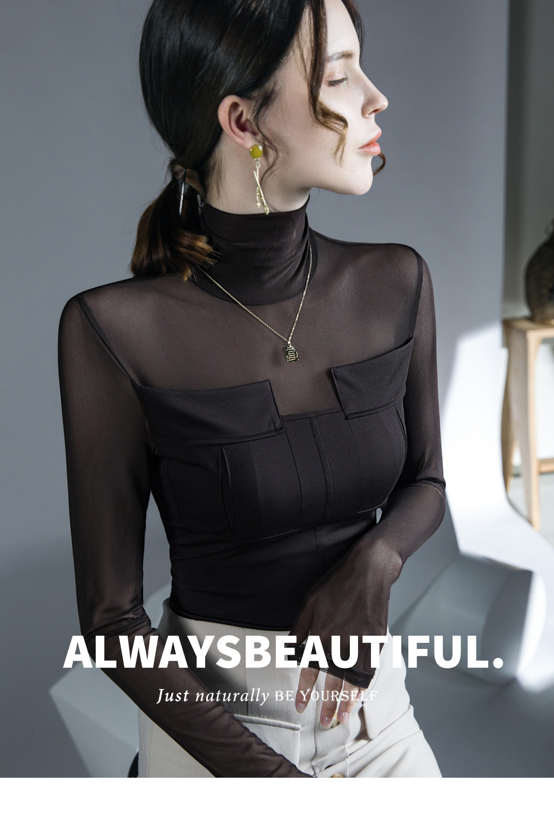 芙笙纪网纱微透拼接上衣秋冬新款内搭打底衫洋气高领长袖详情1