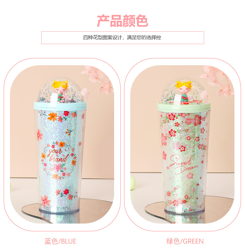 Portable water cup, internet-famous sequined double-layer summer drinking plastic ice cup, cute girl, cartoon cute double-layer for going out pic 6