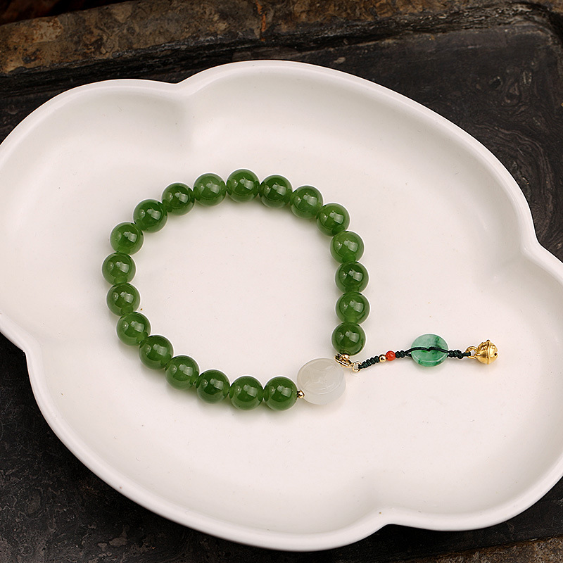 18K pure gold handcrafted 999 pure gold bell, natural spinach, green jasper and Hetian jade bracelet, gold coin DIY small drop flow pic 6