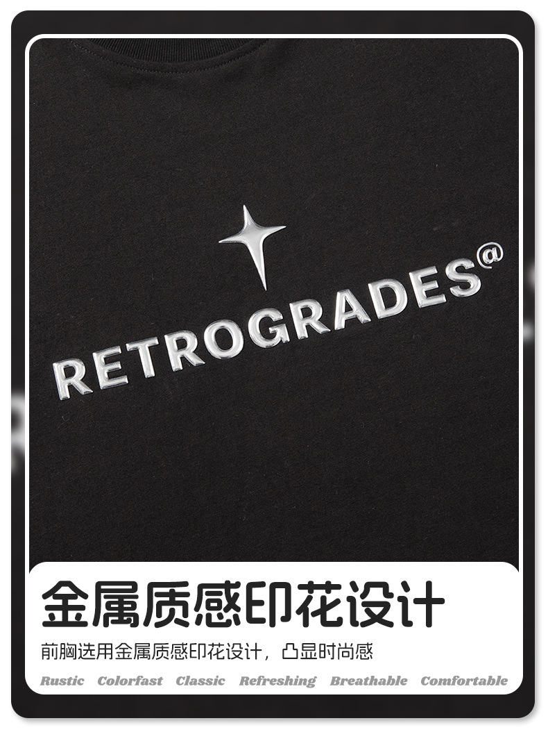 Shoulder four-button design T-shirt for men, loose American streetwear brand, metallic texture printed high street short-sleeved T-shirt, summer q pic 6