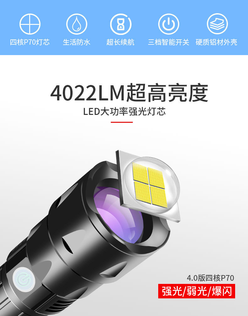 P70手电筒强光充电户外大功率远射超亮变焦多功能家用led小氙气灯 pic 2